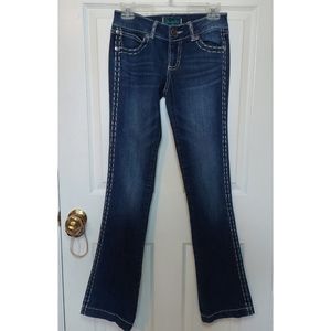 Wrangler Premium Patch Ultra Low Rise Flare Contrast Stitch Dark Jeans Sz 28x31
